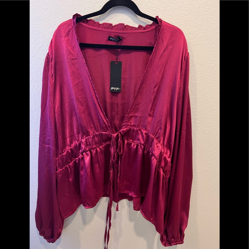 NWT NASTY GAL - Plus Size Tie Front Satin Blouse